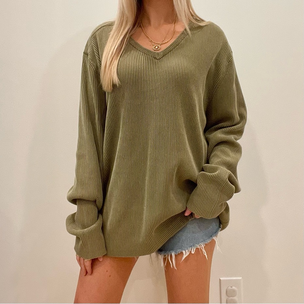 Vintage Wide Ribbed V-neck Sweater in Khaki Green - Picture 1 of 5